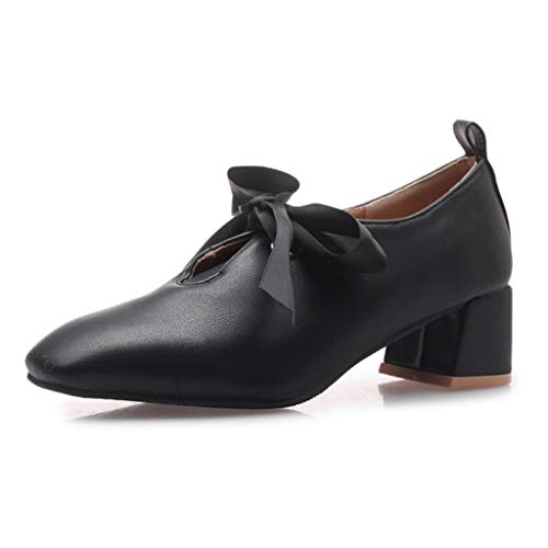 MIOKE Women's Square Toe Dress Pump Loafers Lace Up Chunky Mid Block Heel Classic Walking Office Shoes