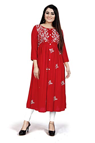 Image of Women's Rayon Flared Embroidery Kurti Under 599 Designer Attractive Look Women's Kurta