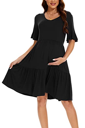 Smallshow Women'S Maternity Dress Ruffle Short Sleeve Pregnancy Clothes Summer Medium,Black thumb #2