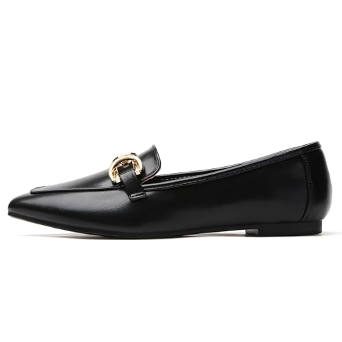 Image of Tilocow Metal Chain Loafers Flats for Women Pointed Toe Slip on Flats Dressy Casual Comfortable Work Business Shoes