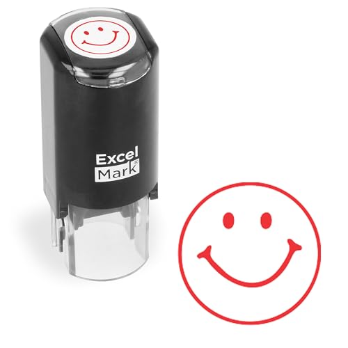ExcelMark Round Teacher Stamp - Smiley FACE 1 - RED Ink