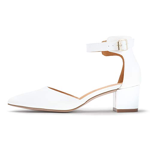 ShowHow Women's Low Block Heel Closed Pointed Toe D'Orsay Heeled Pumps Ankle Strap Dress Wedding Sandals Shoes White Pu… - Image 4