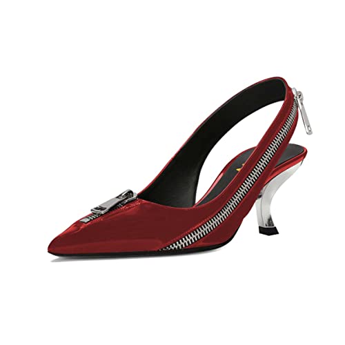 YDN Women Pointed Toe Slip on Pumps Zipper Decoration Slingbacks Metal Kitten Low Heels Fashion Party Shoes Size 4-15 US