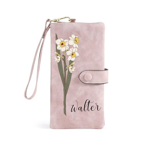 Personalized Wallet for Women Custom Birth Flower & Name Wristlet Women Wallets Leather Purse Card Holder Wallet Gifts for Mom (Pink)