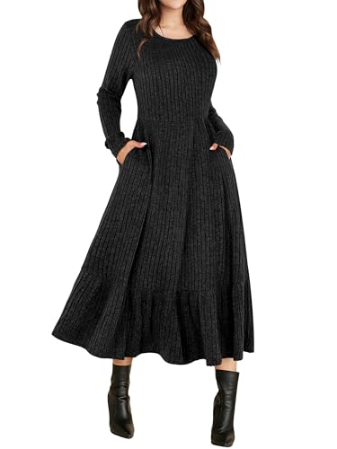 ANRABESS Womens Long Sleeve Midi Dress Spring Rib Knit Crew