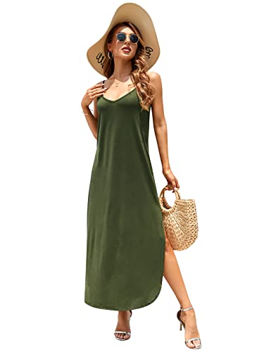Image of HUSKARY Women's Summer Casual Sleeveless V Neck Strappy Split Loose Dress Beach Cover Up Long Cami Maxi Dresses with Pocket