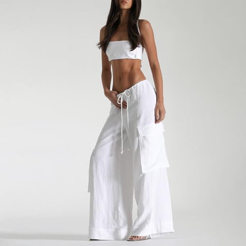 Yoawdats Women's Y2k Cotton Linen Wide Leg Pants Casual Summer Drawstring Low Waist Cargo Pants Beach Trousers with Pockets3