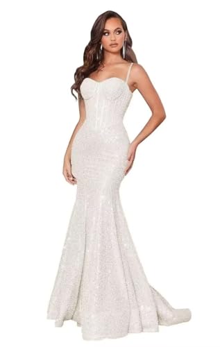 Women's Spaghetti Straps Sequin Corset Prom Dresses Long Mermaid Sparkly Glitter Ivory Formal Evening Gowns,Ivory,US00
