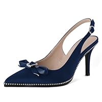EDEFS Escarpins de Mariée à Nœud Satin Design Talons Aiguilles 8,5 cm Bout Pointu et Strass Perlés pour Mariages Mode Inoubliables Marine EU36