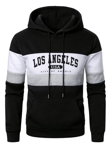 GORGLITTER Men's Letter Graphic Drawstring Pullover Hoodie Colorblock Long Sleeve Hooded Sweatshirts
