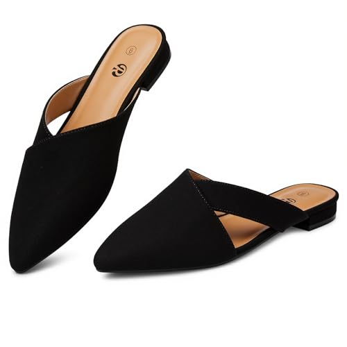 Rekayla Womenâ€™s Mules Closed Pointed Toe Backless Loafer Shoes for Women Suede Black