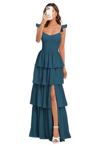 Tiered Chiffon Bridesmaid Dress Spaghetti Straps Prom Dresses with Slit A Line Formal Evening Gown with Ruffle