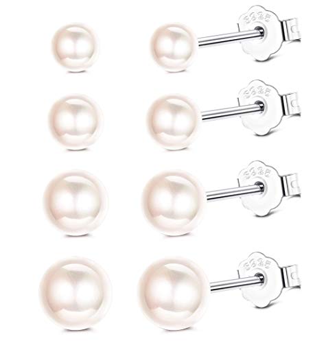 Sllaiss 4 Paires de Boucles d'oreilles en Argent Sterling 925 Avec Perle pour Femme Perle de L'Autriche Simples Boucles d'oreilles en Perles d'eau Douce pour Femme avec Boîte-Cadeau 4-8 mm Cover