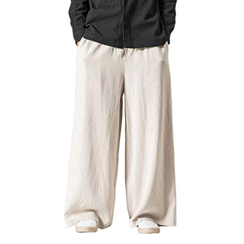 HAORUN Men Linen Pants Loose Casual Leisure Wide Leg Trousers