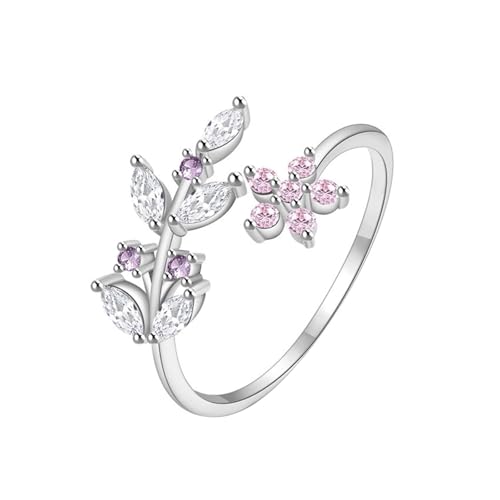 Fashion Ring Set, Engagement Ring Flowers Leaves Adjustable with Marquise Shape Moissanite 9K White Gold Size 8.5