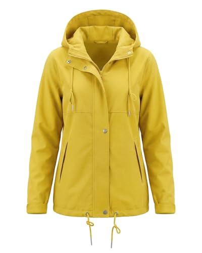 luvamia Spring Jackets for Women Trendy Waterproof Rain Jacket Women Womens Lightweight Windbreaker Jacket Womens Raincoat with Hood Zip Up Running Jackets Womens Gold Yellow Size Medium Fits US 8-10