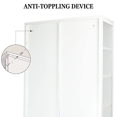 Tall Sideboard Cabinet Cold-Rolled Steel Storage Cabinet Double Glass Door Sideboard Buffet Cabinet Locker With Adjustable Shelf Metal Legs For Living Room Home Kitchen (White) #TOP6