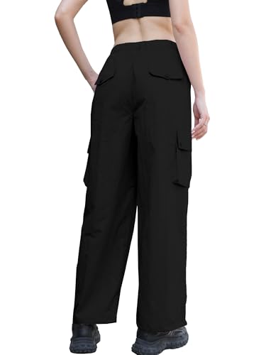 Image of Betusline Girls & Women's High Waist Wide Leg Cargo Pants Y2K Parachute Pants with Pockets and Drawstring 6 Years-Women 2XL