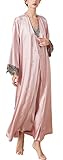FEOYA Women Sleepdress Set 2 Pieces Nightdress and Robe Maxi Sleepwear Pajama Set Lace Trim Cami Elegant Nightgown and Long Sleeve Cover-Up Bathrobe Pink M