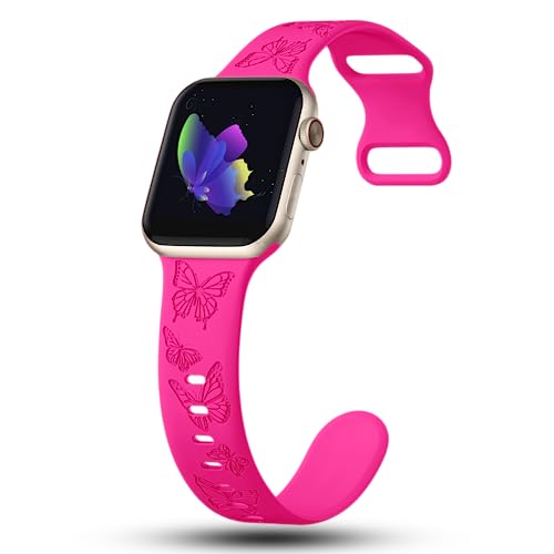 Image of Butterfly Engraved Bands Compatible with Apple Watch Band 41mm 40mm 38mm 49mm 46mm 49mm 46mm 45mm 44mm 42mm Women, Silicone Sport Strap for iWatch Series SE 10 9 8 7 6 5 4 3 2 1 SE Ultra