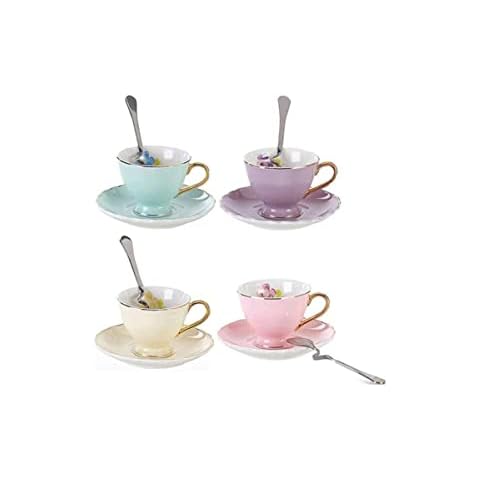 YBK Tech Euro Style Coffee Bar Espresso Cup and Saucer Set of 4 Bone China Porcelain Tea Coffee Cup for Home Kitchen Tea Party (4 assorted color/set) (90ml) Cover