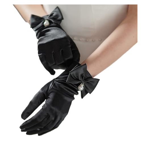 2 Pairs Bride Gloves Elegant Bow Knot Pearl Pendant Short Gloves for Wedding Opera Dinner Party Elastic Satin(Black)