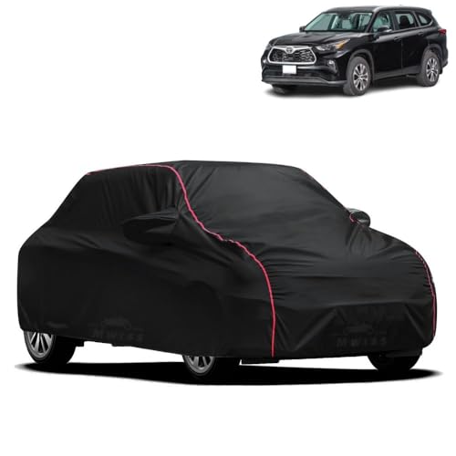 Image of Waterproof Car Cover for Toyota Highlander | All-Weather Protection, Dustproof & UV Resistant | Triple Stitched Mirror Pockets, Windproof Buckle Strap with Elastic Hem, Black-Red Piping