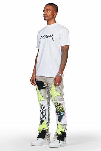 Men's Edgar Grey/Yellow Patchwork Stacked Flare Jean4