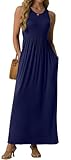 GRECERELLE Women's Summer Sleeveless Casual Long Tank Maxi Dress with Pockets, Navy Blue, M