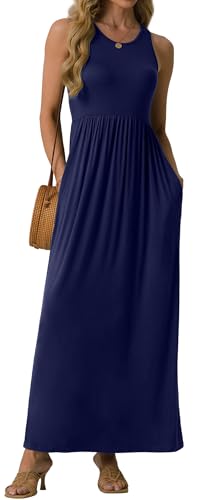 GRECERELLE Women's Summer Sleeveless Casual Long Tank Maxi Dress with Pockets, Navy Blue, M
