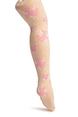 Cream With Rubberized Pink & White Daisies - Girls Tights - Kids Tights (Pantyhose)2