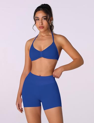 Image of ABOCIW Womens Seamless Workout Sets 2 Piece Strappy Halter Sports Bra Scrunch Butt Shorts Gym Yoga Outfits