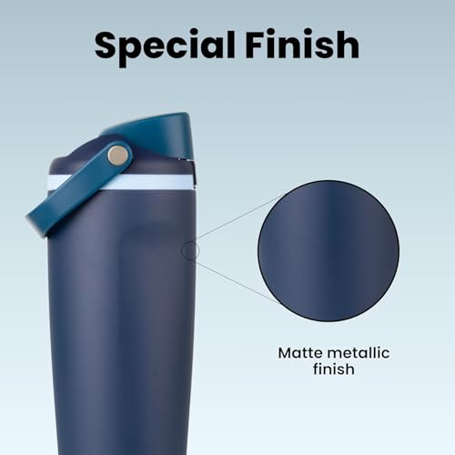 Image of Gym Water Bottle 30oz - Leak Proof Lock Lid, Matte Metallic Finish, Carry Handle, Durable Stainless Steel, Perfect for Workout & Sports (Midnight Blue, 900 ML)