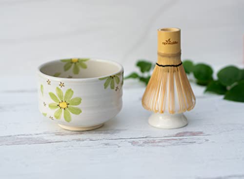 aprikalife Matcha Bowl, Matcha Whisk and Whisk Holder Set - Japanese Handcrafted Matcha Tea Bowl with Green Flowers, White Holder and Bamboo Whisk