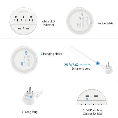 Extension Cord 25Ft, Ntonpower Power Strip With Long Extension Cord, 3 Outlet 2 Usb Compact Desktop Charging Station Wall Mount For Tv Living Room, Dorm, Office And Nightstand - White #TOP7