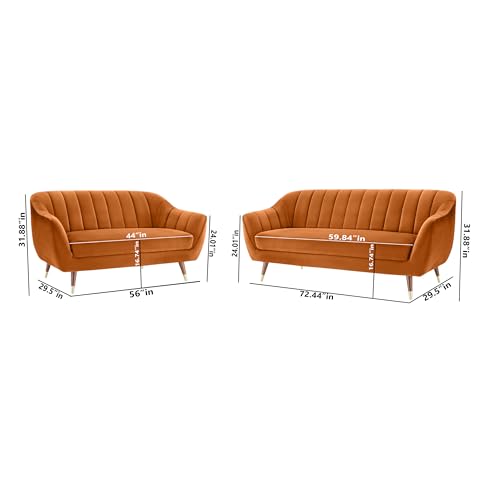 Image of AMATA Marino Solid Wood 3+2 Seater Orange Suede Velvet Fabric Sofa Set with Two Cushions Perfect for Home Office Guests Living Room (04 Orange, 3+2 Seater)(3 Year Warranty)