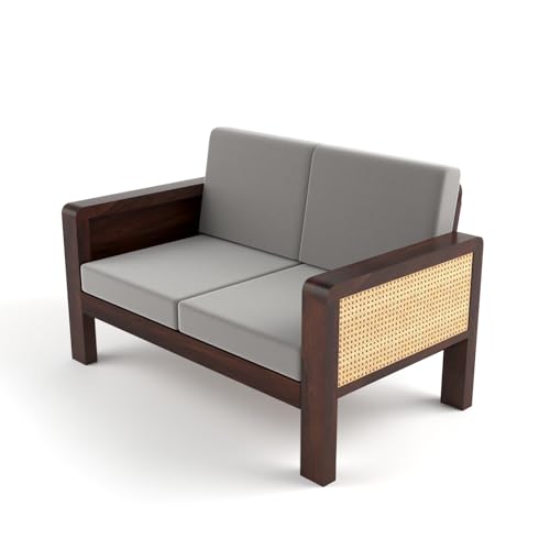 Image of Sheesham Wooden 4 Seater Sofa for Living Room | Solid Wood Sofa with Cane Side Panel | Rosewood Sofa Set for Home & Office | Lounge (Walnut Finish, 4 Seater)