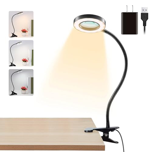 La Mejor Recopilación de Lampara clip - solo los mejores. 47 ALIMOTA Lupa con luz 5X iluminada 3 Modos de Color USB (Clip Fijo)con Enchufe Lupa Regulable Continua con luz(Negro,Lámpara 9,5cm) Altura Ajustable