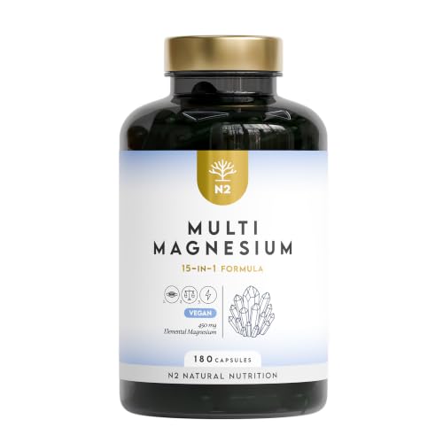 Multimagnesio 15 en 1. Complex de Magnesio. Bisglicinato, Citrato, Malato, Taurato, Cloruro, Pidolato y Más. 180 Cápsulas. N2 Natural Nutrition