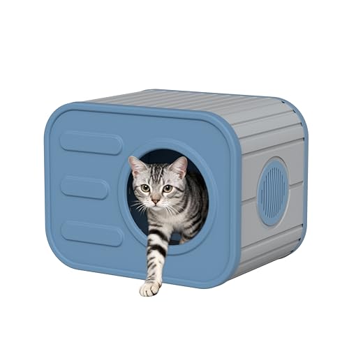 WTFGO Outdoor Cat House Weatherproof, Sturdy Plastic Cat Shelter for Outside & Indoor, Feral Cat House for Bedroom, Living Room, Garden, Patio,Backyards,Garage, Neighborhood (Dark Blue)