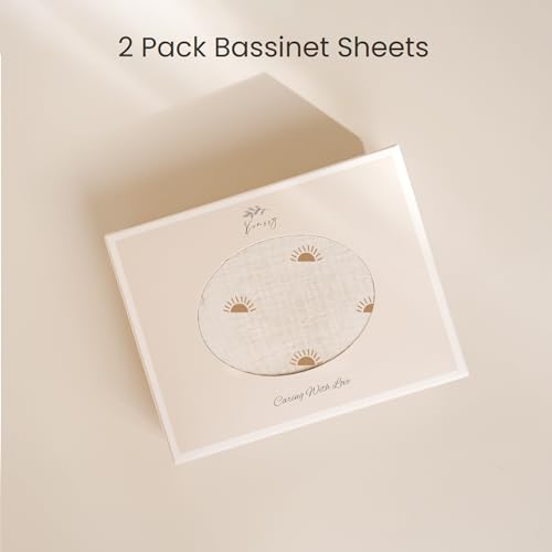 Image of Konssy Muslin Bassinet Sheets for Baby Girl Boy, 2 Pack Soft Breathable Baby Bassinet Mattress Sheets Fit for Hourglass Oval Cradle, Moses Basket Rectangle Mattress (Camel, Sun)