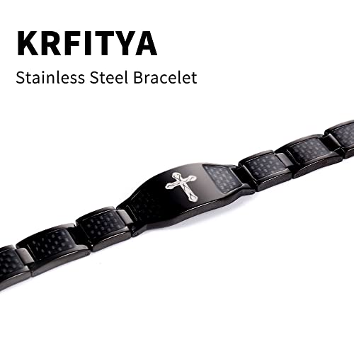 Religious Bible Verse Bracelet, Stainless Steel Engraved Inspirational Christian Quote Faith Link Bracelet, Carbon Fiber Cross Jewelry Gift for Men3