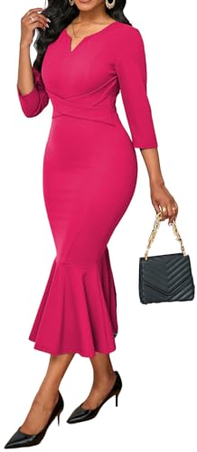 Image of Elegant Dress for Women Sexy V Neck Long Sleeve Bodycon Midi Fishtail Dresses