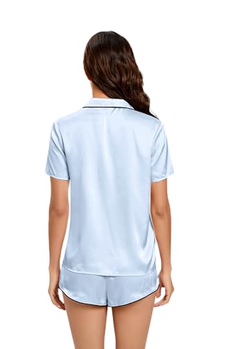 Image of Silk Pajamas for Women Satin Womens PJ Set 2 Piece Short Lounge Set Summer Sleepwear Notch Collar Button-Down Pjs