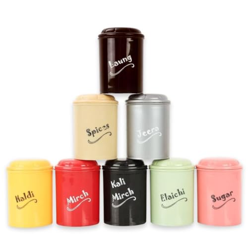 Image of E-COSMOS Set of 8 Plastic Spice Jars (300ml) BPA-Free Kitchen Storage Containers, Multi-Color Airtight Masala Box Set for Spices, Sugar, Haldi, and Mirch