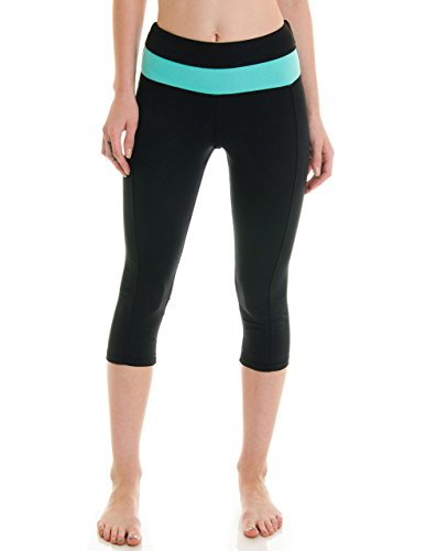 Kalon Clothing Women's High Rise Color Panel Leggings Cropped (Small, Black/Mint)