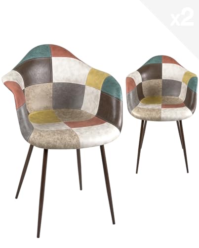 KAYELLES Fauteuil accoudoirs Patchwork piètement métal Novo – Lot de 2 (Marron)