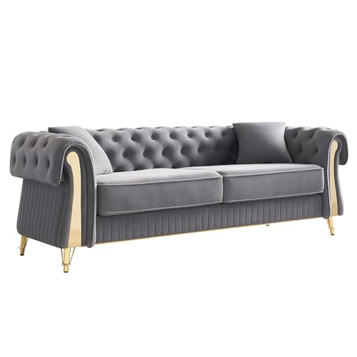 Image of KEIKI 89 inch Chesterfield Velvet Button Tufted Sofa with High Density Foam Cushions and 2 Toss Pillows, Modern Style 3-Seater Couch with 4 Gold Metal Leg, Easy Assembly, for Living Room, Apartment, Grey