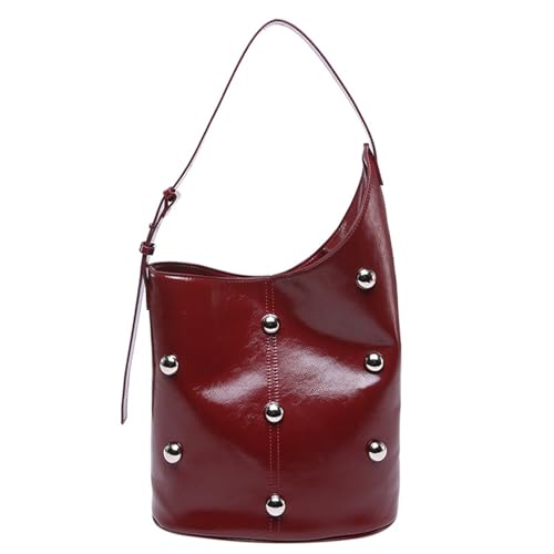 Elegant Slouchy Shoulder Bucket Bag for Women Rivets Beads Studded PU Leather Underarm Handbag with Spacious Interior