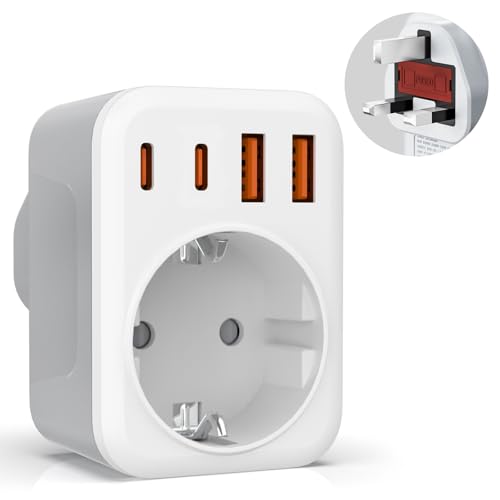5 en 1 Adaptador Enchufe UK, Adaptador de Viaje Español a UK,con 2 USB C y 2 USB A,Enchufe Tipo G para UK Irlanda Maldivas Dubai Gran Bretaña Singapur Hong Kong